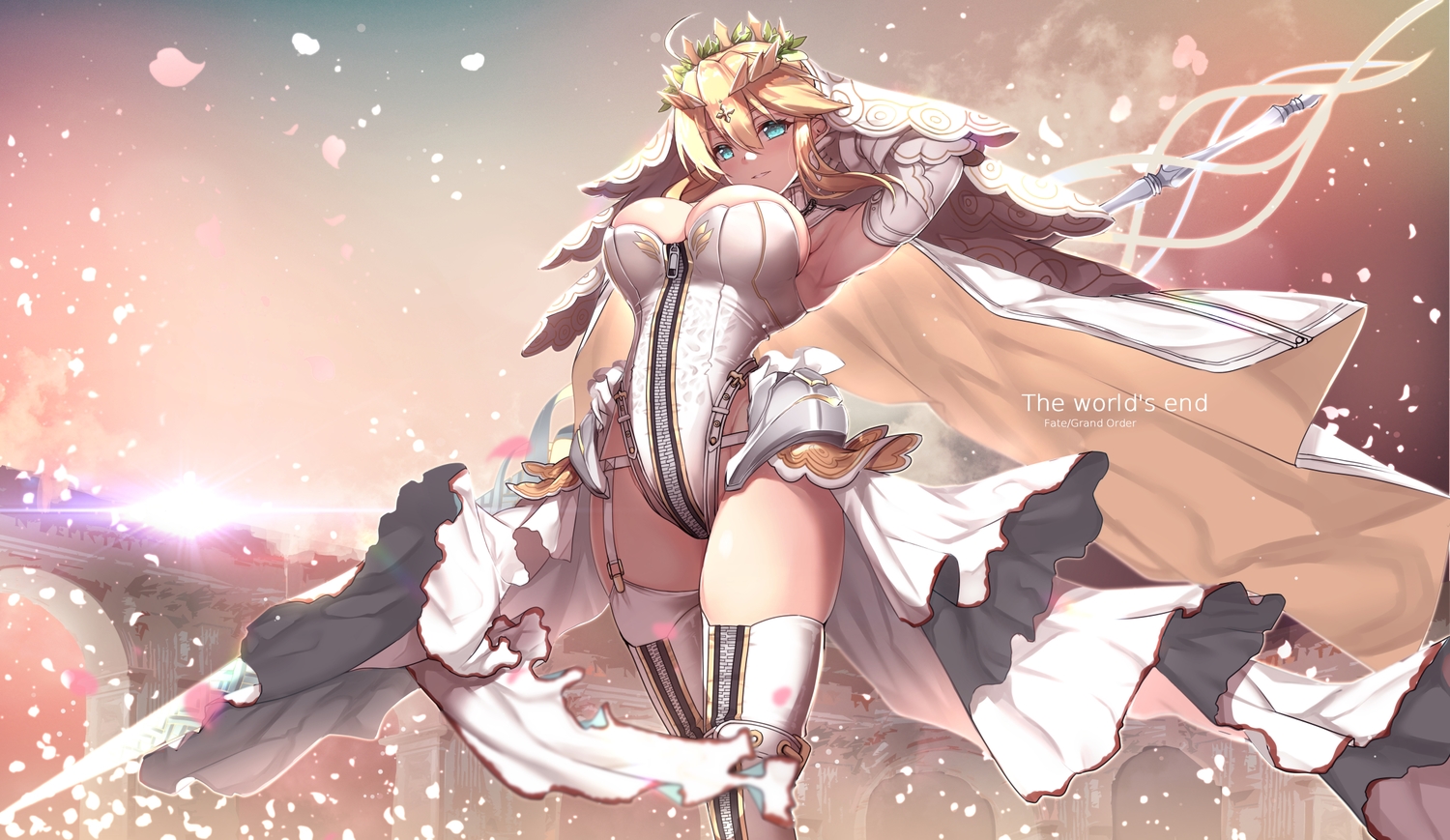 blonde_hair, bodysuit, boots, breasts, cape, cleavage, elbow_gloves, fate/grand_order, fate_(series), garter_belt, gloves, green_eyes, headdress, nero_claudius_(bride), nero_claudius_(fate), petals, short_hair, skintight, spear, thighhighs, untue, weapon