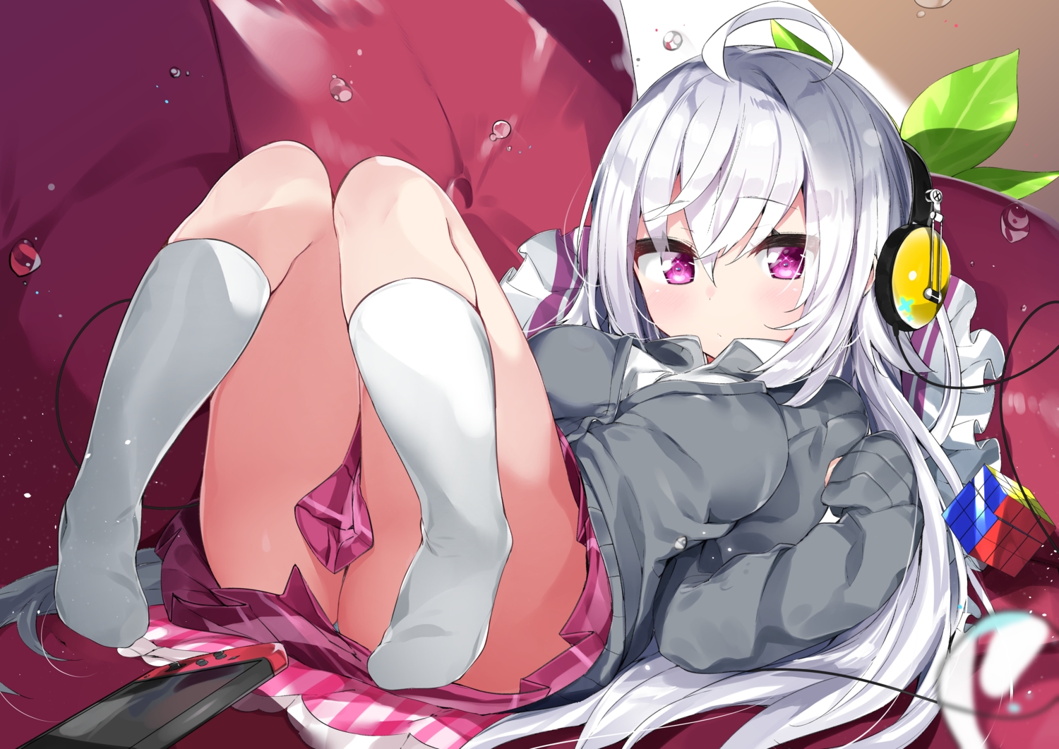 aliasing, headphones, kamioka_shun'ya, original, panties, school_uniform, shiori_(kamioka_shun'ya), underwear