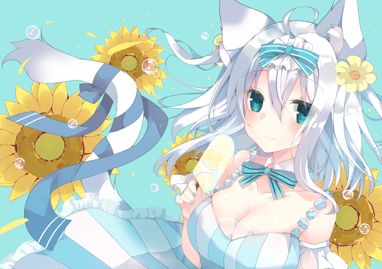 animal_ears, aqua_eyes, bow, breasts, bubbles, catgirl, cleavage, dress