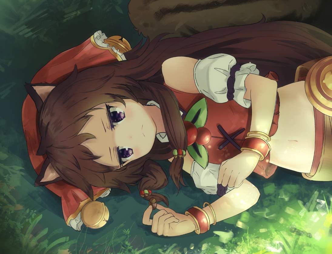 animal_ears, bell, brown_hair, dargo, food, grass, green, long_hair, morichika_rin, navel, princess_connect!, purple_eyes, shade, tail, wristwear