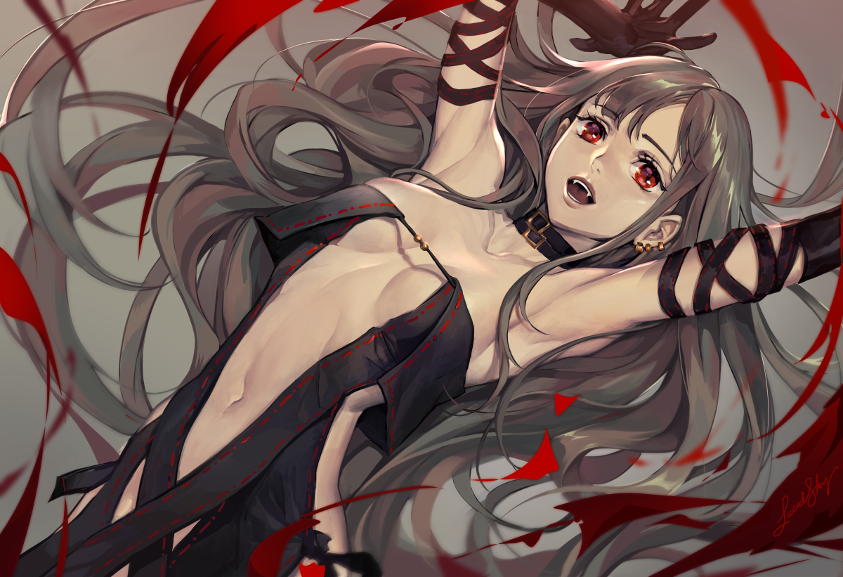 breasts, brown_hair, collar, consort_yu_(fate), dress, elbow_gloves, fang, fate/grand_order