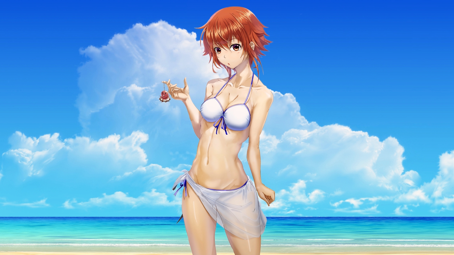 beach, bikini, brown_eyes, clouds, grand_blue, kotegawa_chisa, misenouchi, navel, orange_hair, short_hair, skirt, sky, swimsuit, third-party_edit, water