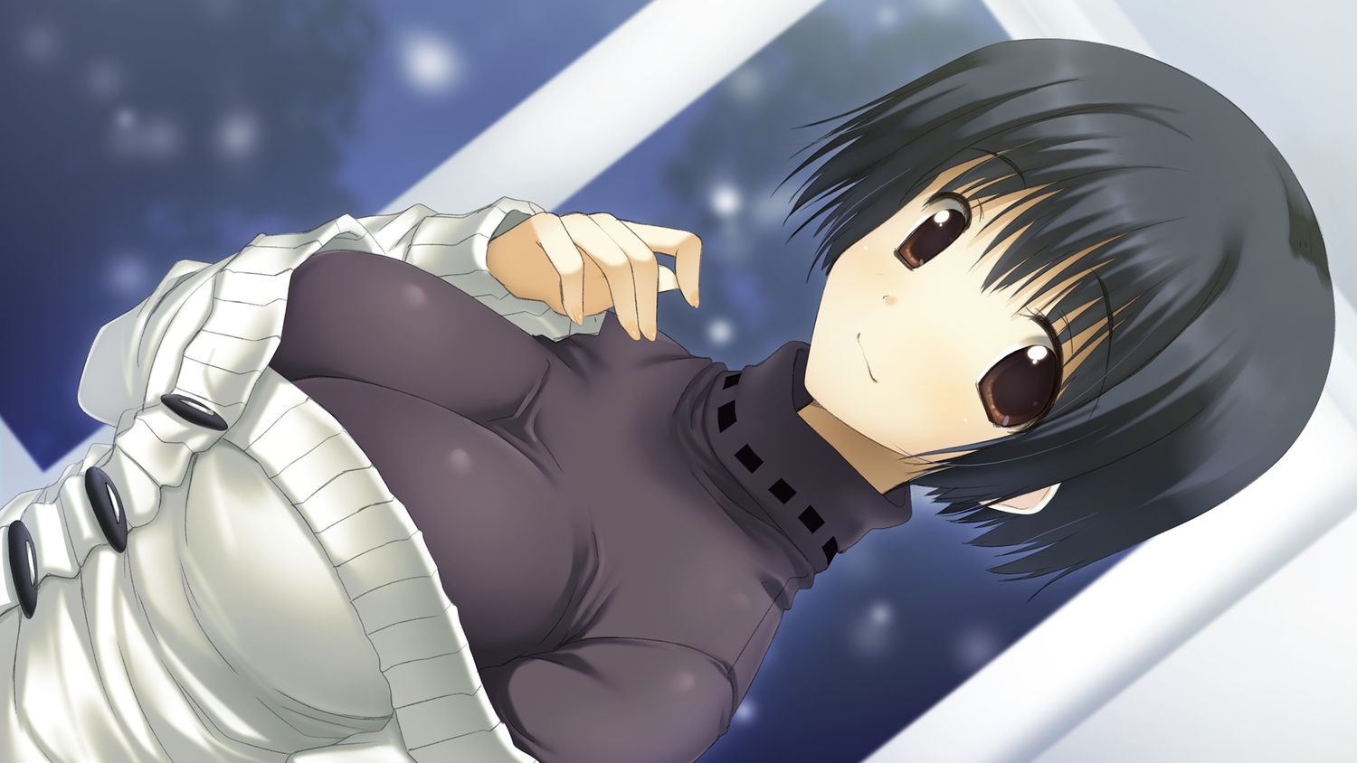 asou_asuna, black_hair, breasts, brown_eyes, close, night, short_hair, snow, tenshi_no_inai_12-gatsu, yu-ta