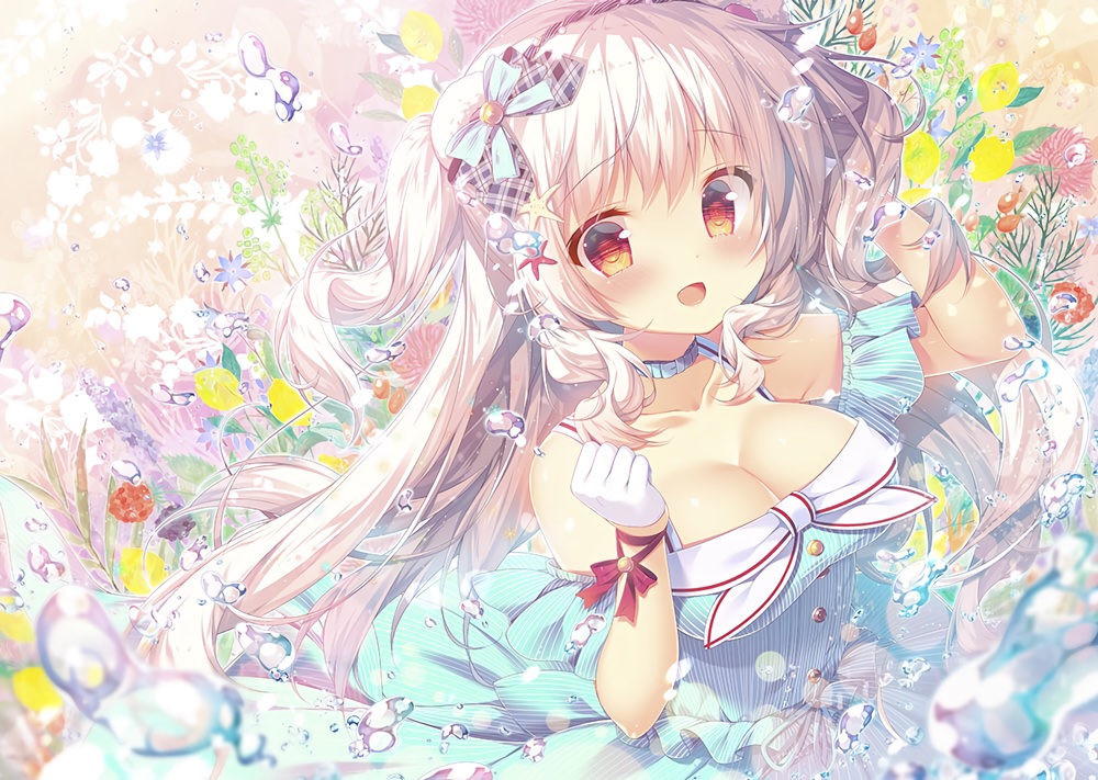 breasts, choker, cleavage, dress, flowers, long_hair, mitsumomo_mamu, orange_eyes