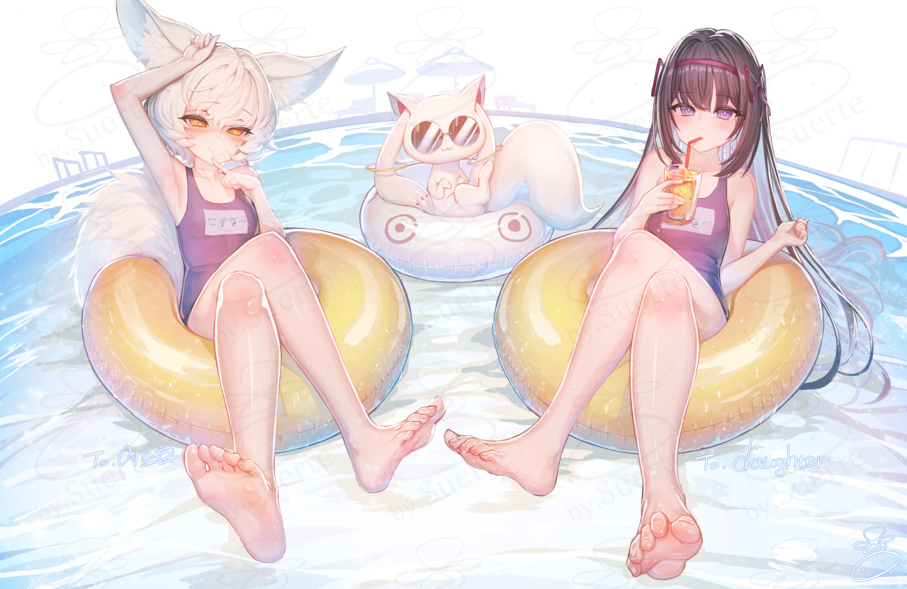 2girls, akemi_homura, animal_ears, barefoot, blush, drink, jpeg_artifacts, kyuubee