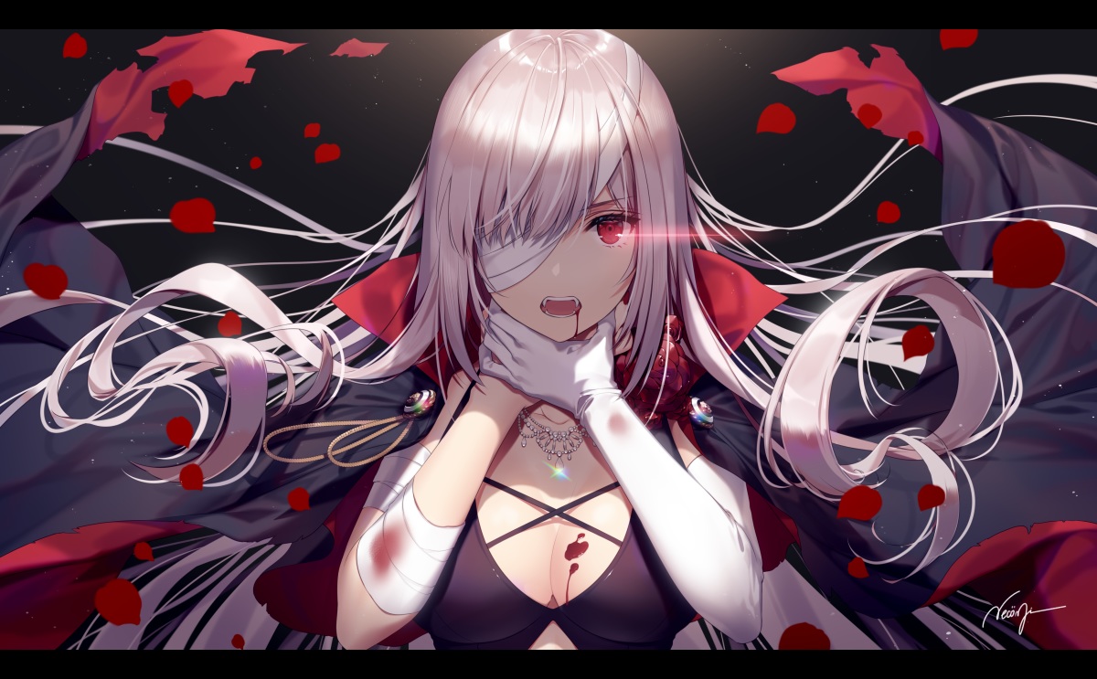 bandage, blood, breasts, cape, cleavage, elbow_gloves, eyepatch, fang, fate/grand_order, fate_(series), florence_nightingale, gloves, halloween, long_hair, necklace, necomi, petals, red_eyes, signed, vampire, white_hair