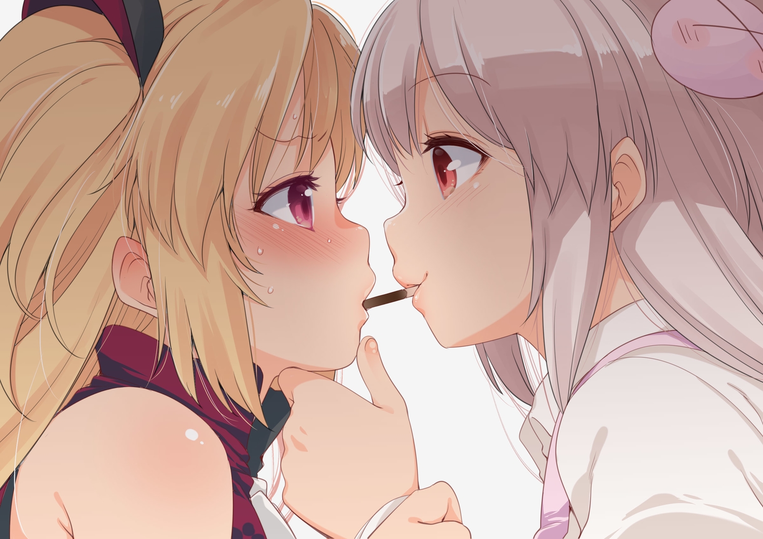 2girls, akatsuki_yuni, blonde_hair, blush, close, food, fujisaki_hikari, gray_hair, kiss, long_hair, natori_sana, pocky, purple_eyes, red_eyes, sana_channel, shoujo_ai, uni_create, vampire
