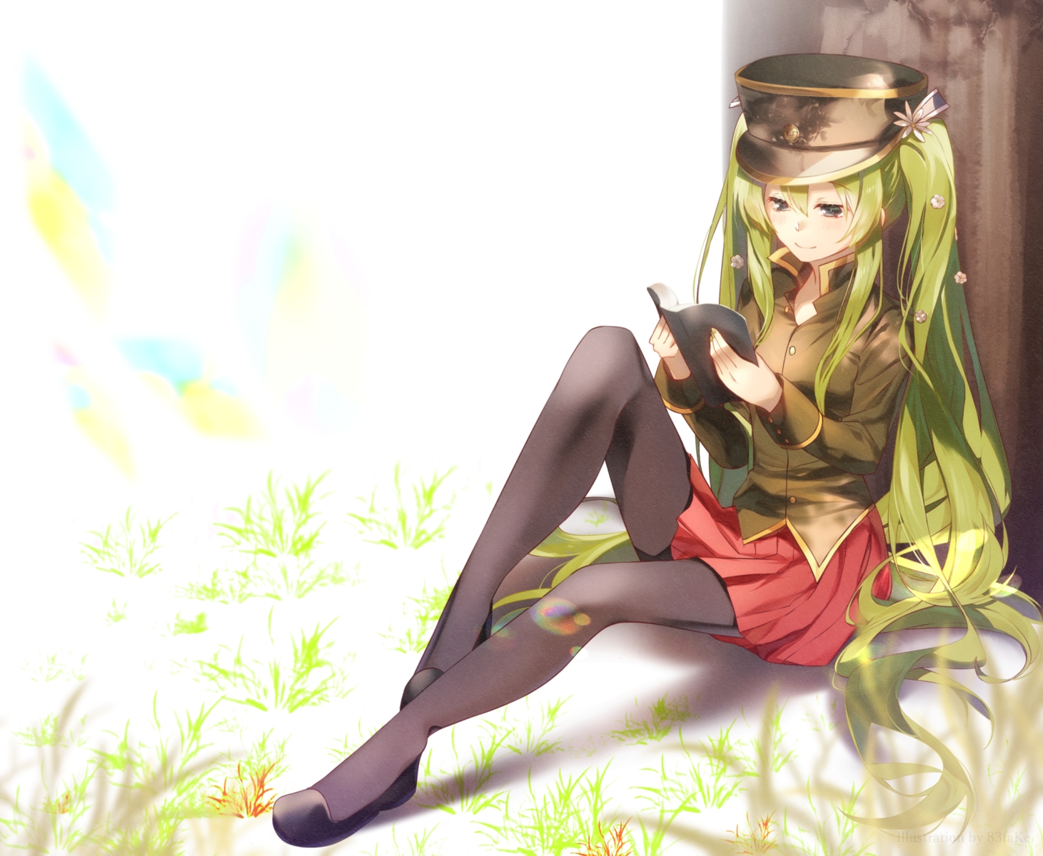 1925_(vocaloid), 83fake, black_eyes, book, grass, green_hair, hat, hatsune_miku