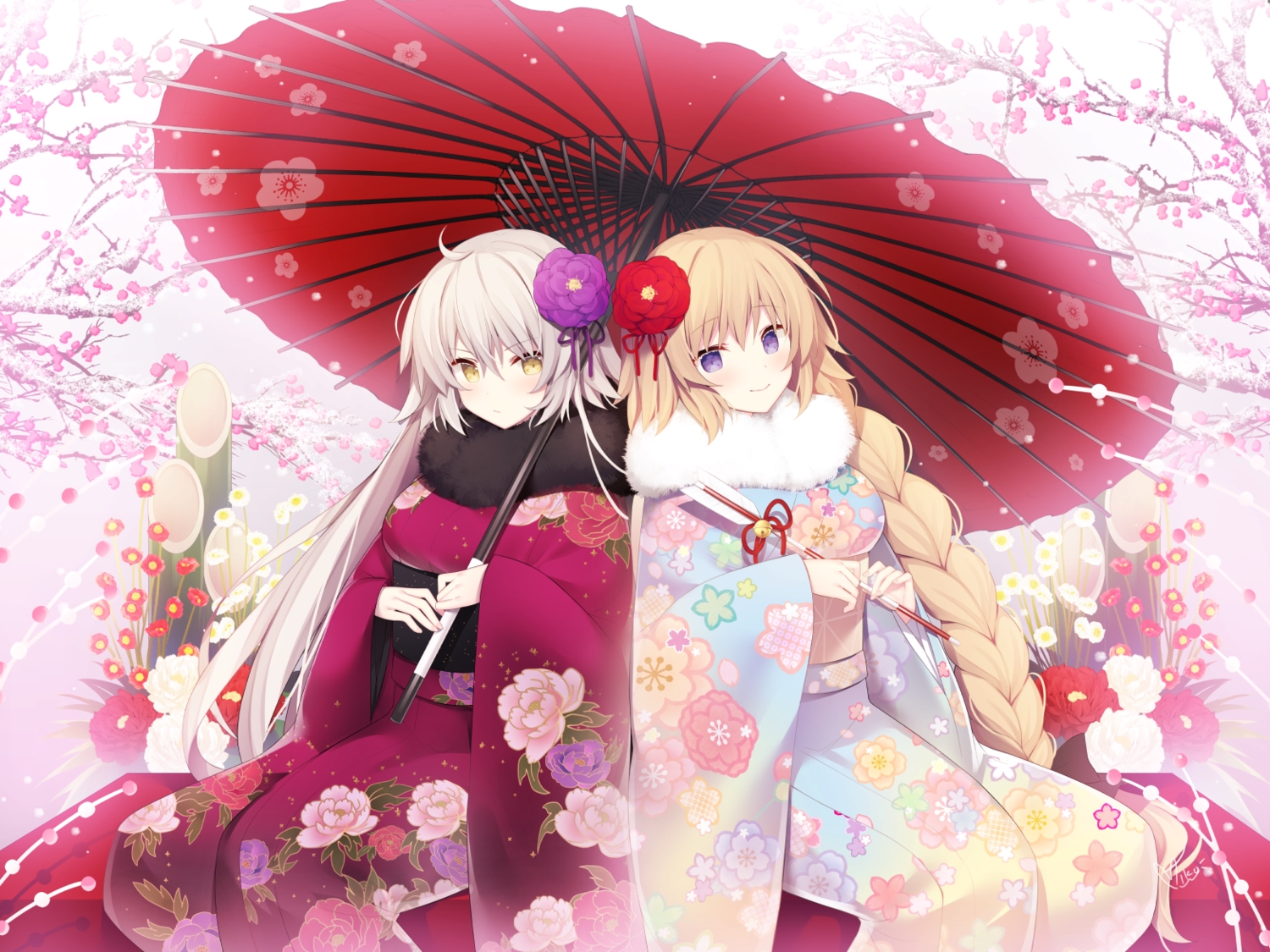 aliasing, blonde_hair, braids, cherry_blossoms, fate/grand_order, fate_(series), flowers, gray_hair