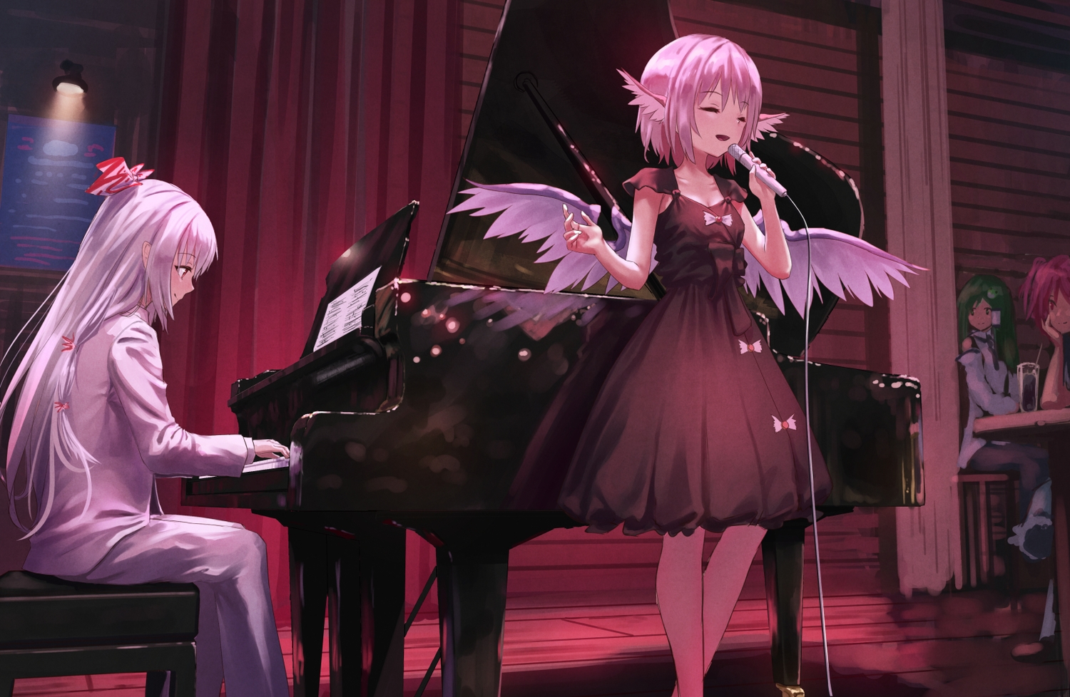 dress, fujiwara_no_mokou, green_hair, instrument, kochiya_sanae, long_hair, microphone, mystia_lorelei