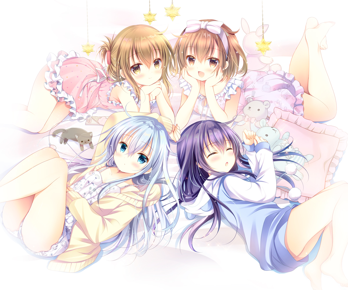 akatsuki_(kancolle), anthropomorphism, aqua_eyes, barefoot, blue_hair, blush, brown_hair, dress, group, headband, hibiki_(kancolle), hood, ikazuchi_(kancolle), inazuma_(kancolle), kantai_collection, loli, long_hair, pajamas, purple_hair, shirogane_hina, short_hair, shorts, sleeping, teddy_bear