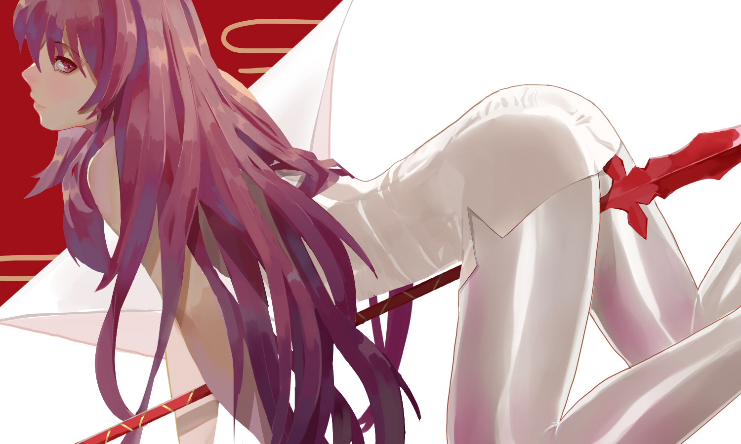 ass, fate/grand_order, fate_(series), long_hair, purple_eyes, purple_hair, scathach_(fate/grand_order), spear, vic, weapon