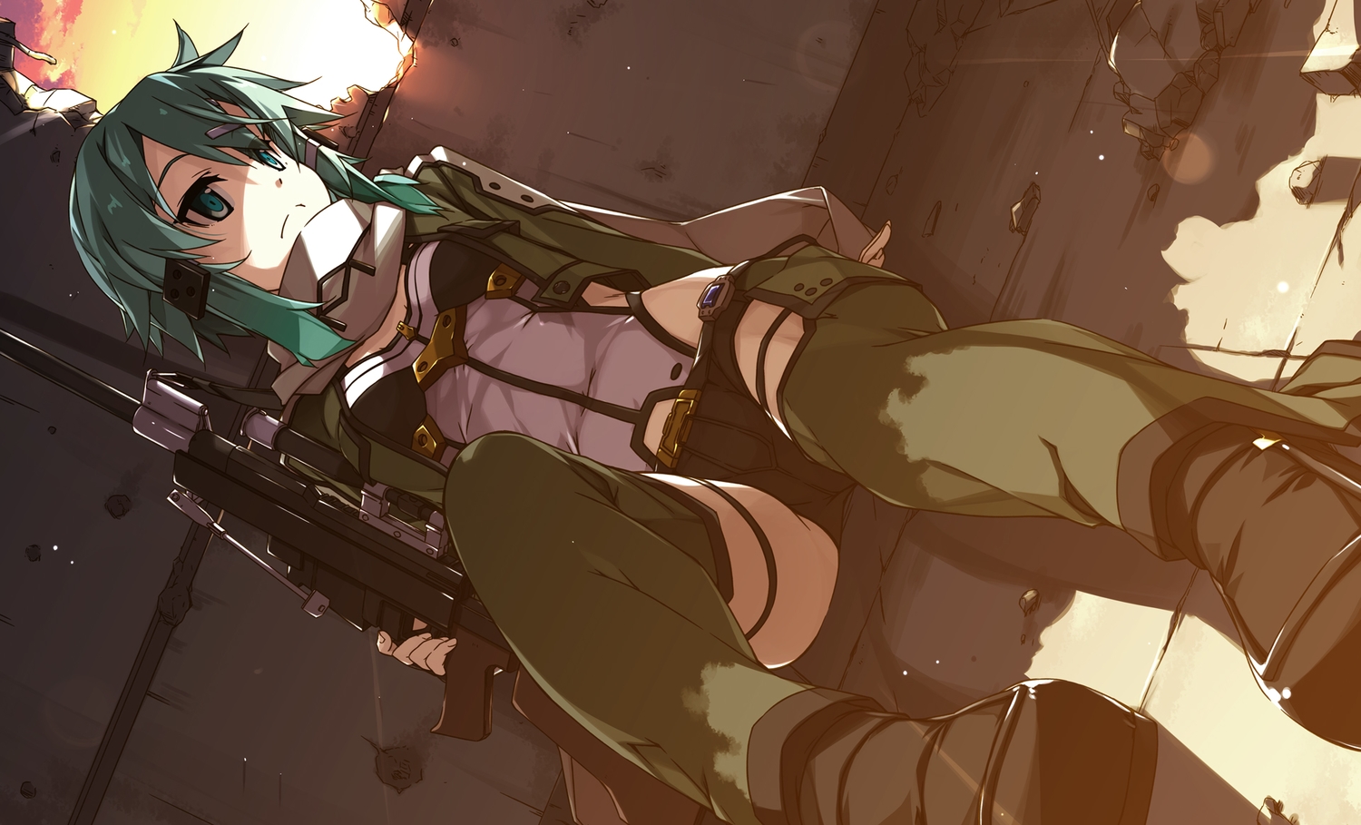 green_eyes, green_hair, gun, gun_gale_online, jpeg_artifacts, ruins, shikei, shinon_(sao)