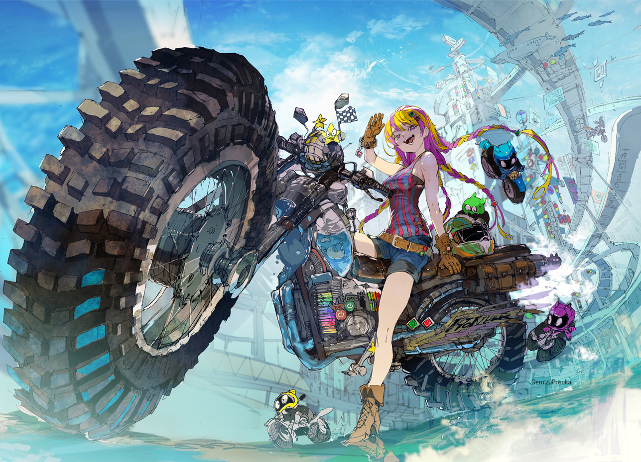 boots, braids, building, city, clouds, demizu_posuka, gloves, long_hair, motorcycle, original, pink_eyes, reflection, shorts, sky, watermark, wristwear