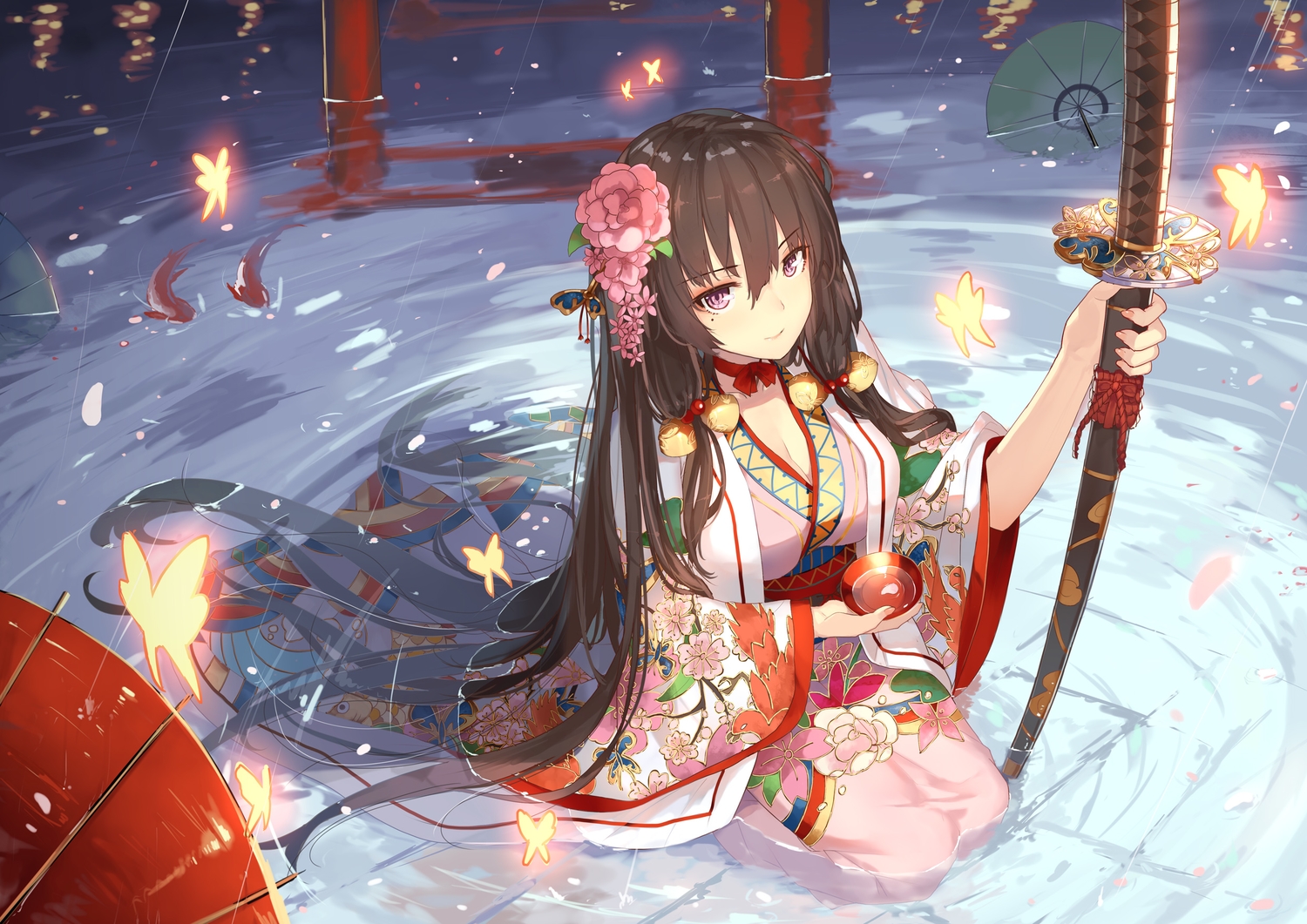 animal, breasts, brown_hair, cleavage, drink, fish, flowers, japanese_clothes