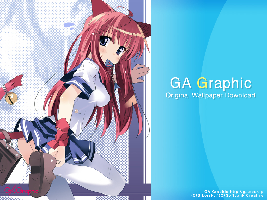 animal_ears, bell, blue_eyes, blush, catgirl, gagraphic, long_hair, pink_hair