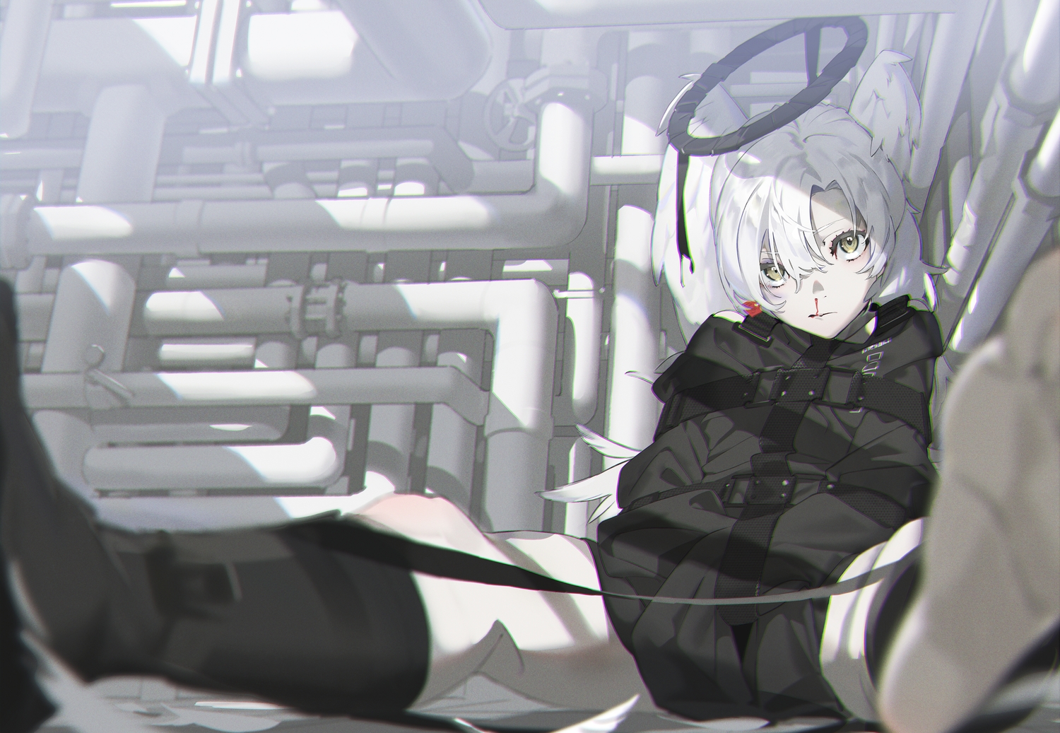 blood, bondage, brown_eyes, halo, long_hair, original, spread_legs, white_hair
