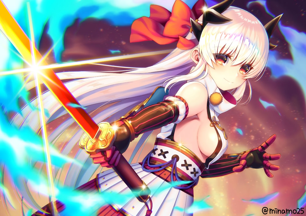 armor, bow, breasts, cosplay, dress, elbow_gloves, fate/grand_order, fate_(series), gloves, horns, katana, kiyohime_(fate/grand_order), long_hair, magic, minamo25, red_eyes, samurai, sideboob, sword, watermark, weapon, white_hair