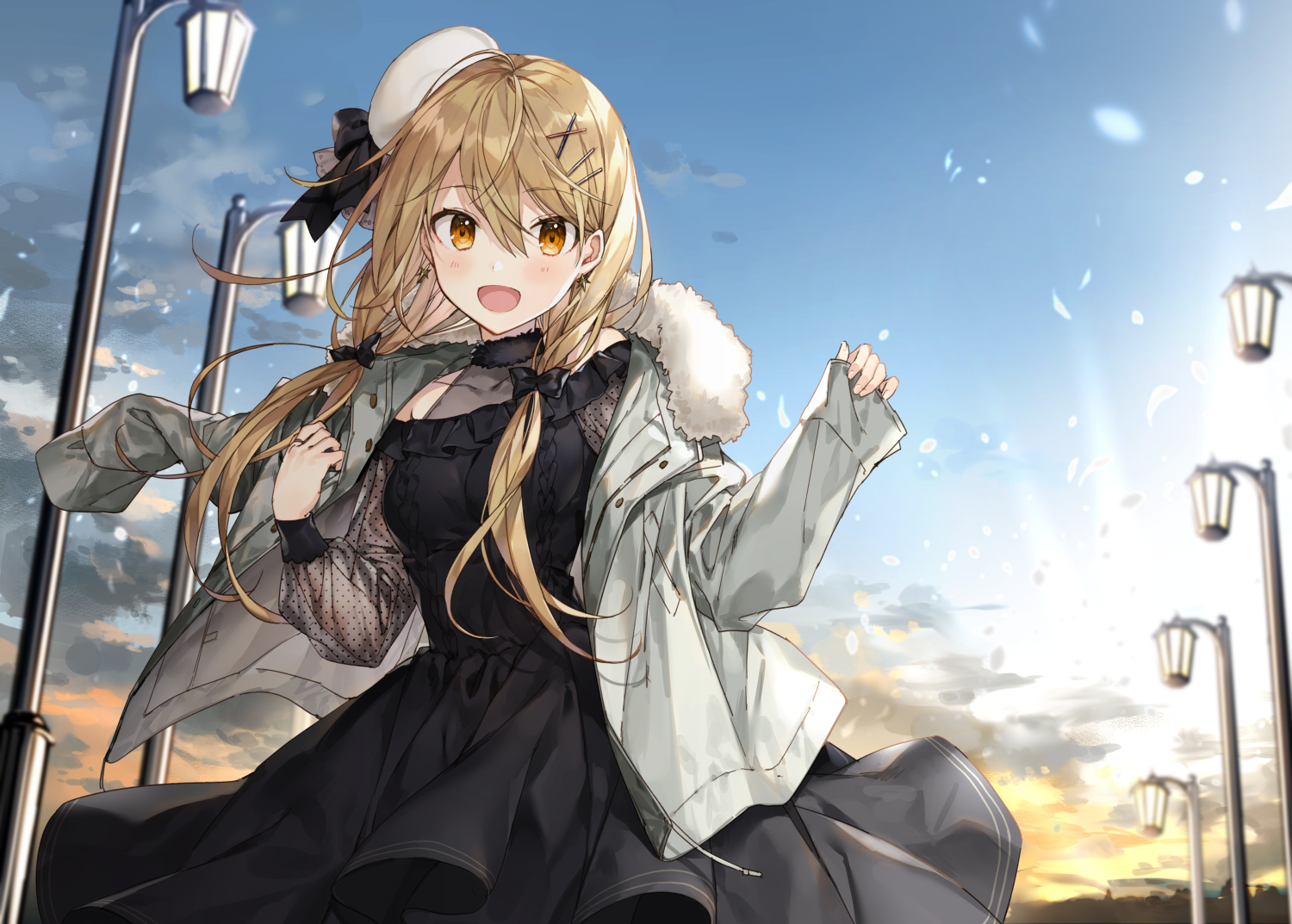 blonde_hair, bow, clouds, dress, hat, long_hair, orange_eyes, original