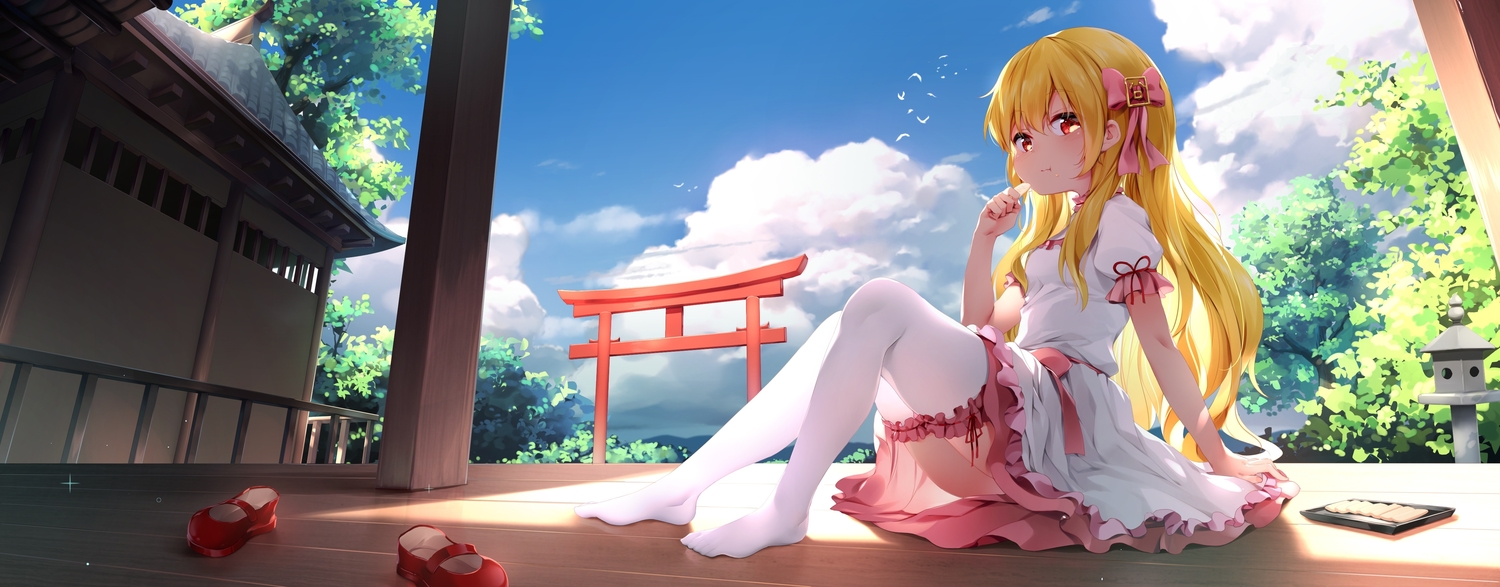 blonde_hair, building, chen_bin, clouds, food, keisenko, loli, long_hair, original, red_eyes, shade, sky, thighhighs, torii, touhou