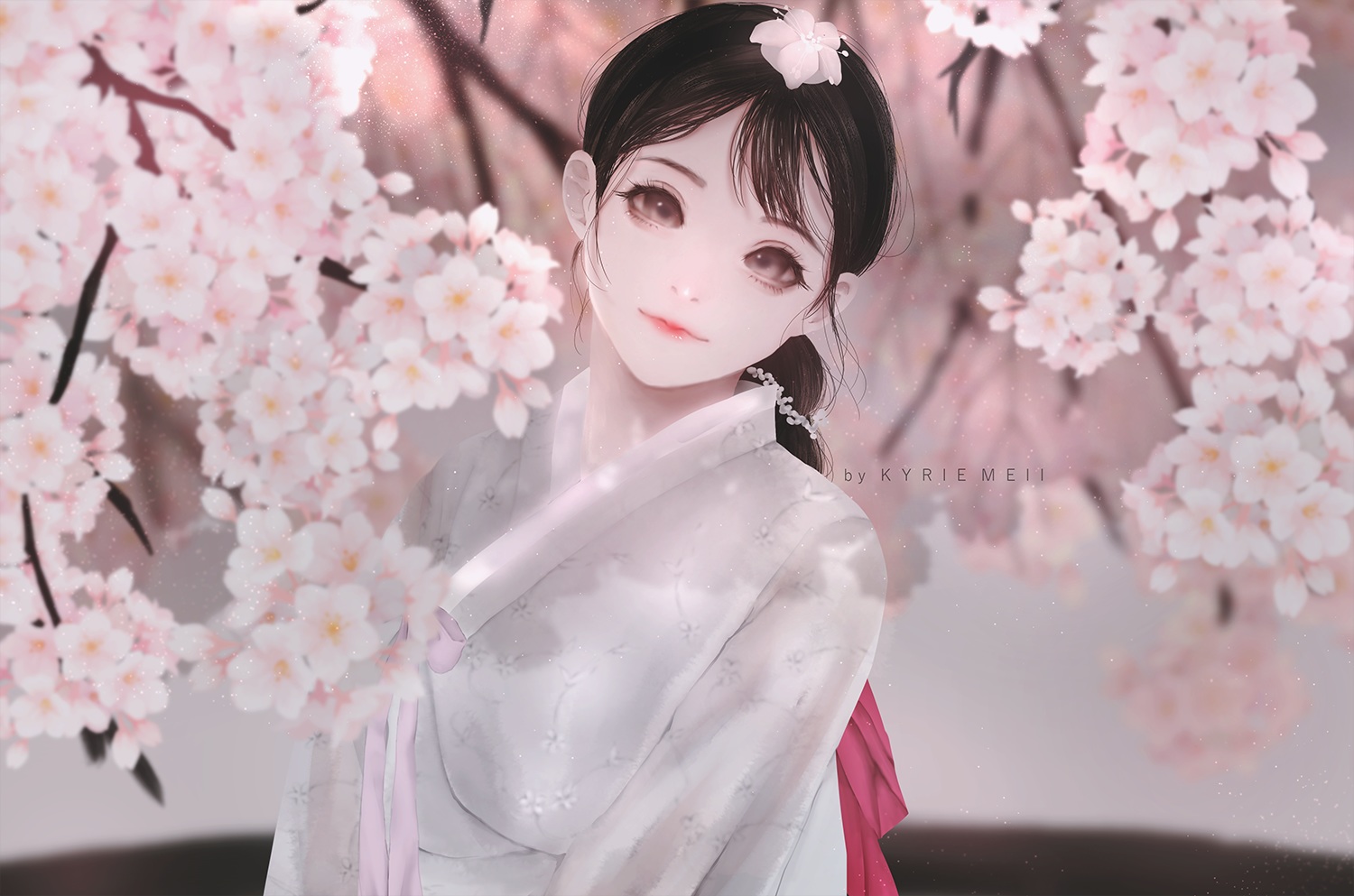 black_hair, brown_eyes, cherry_blossoms, flowers, japanese_clothes, kimono, kyrie_meii, long_hair
