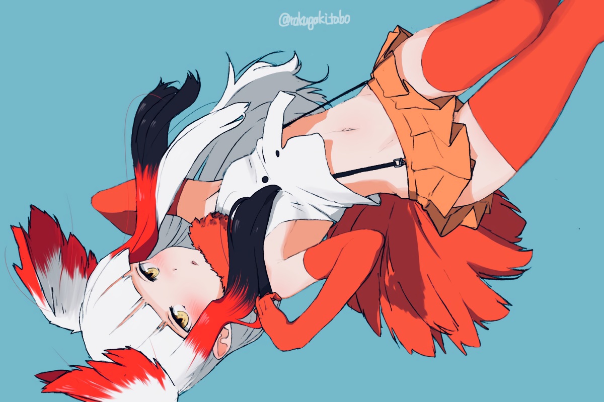 anthropomorphism, blue, blush, crested_ibis_(kemono_friends), elbow_gloves, gloves, kemono_friends, long_hair, navel, signed, skirt, tail, thighhighs, turbo_engine_(rakugaki_tabo), white_hair, wings, yellow_eyes, zettai_ryouiki
