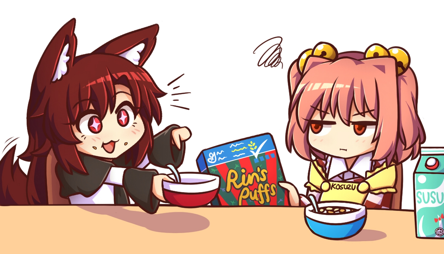 2girls, animal_ears, apron, bell, brown_hair, cat_smile, drink, food