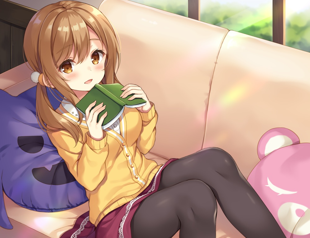 blush, book, brown_eyes, brown_hair, couch, kunikida_hanamaru, long_hair, love_live!_school_idol_project
