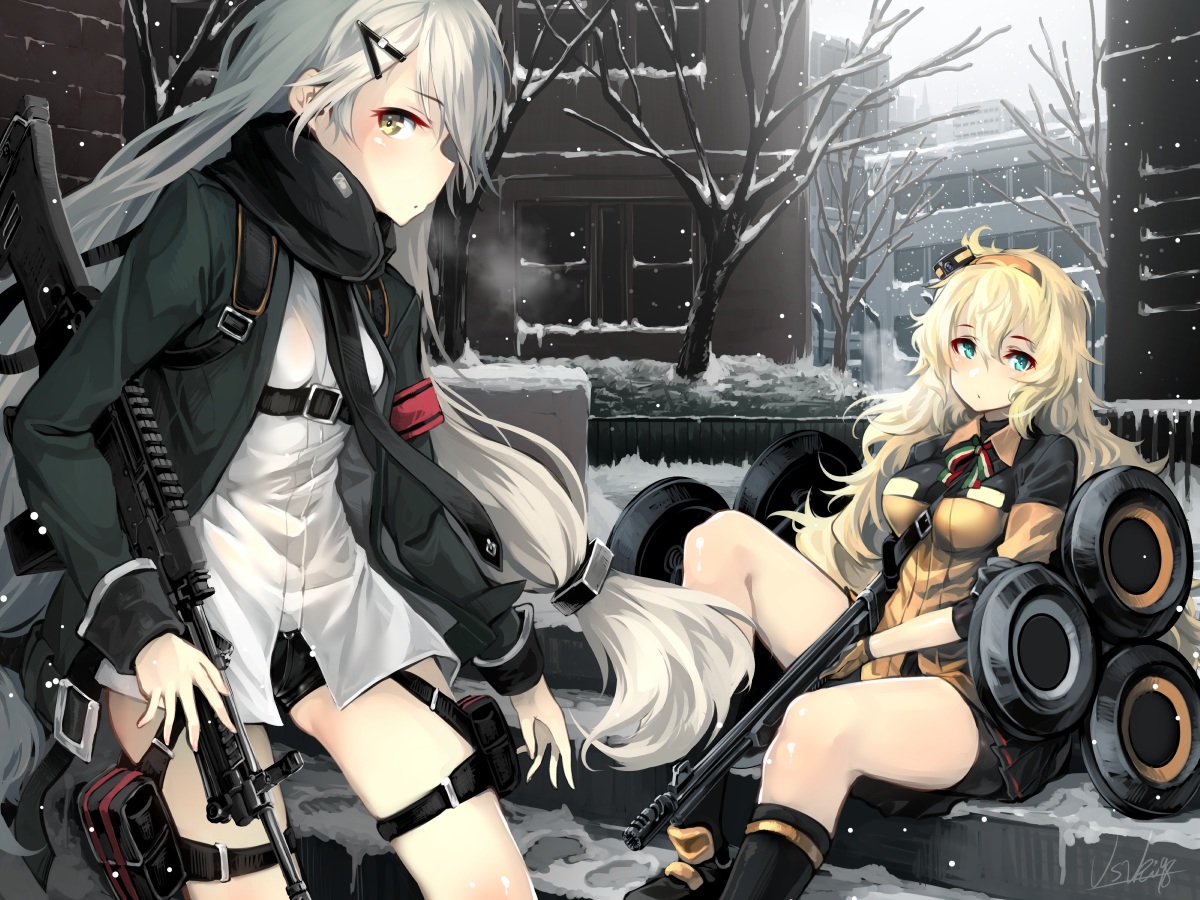 2girls, anthropomorphism, blonde_hair, building, city, garter, girls_frontline, gloves