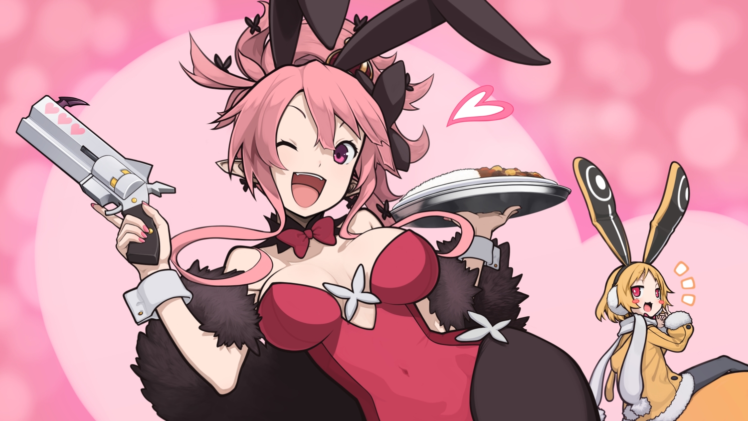 2girls, animal_ears, blonde_hair, bodysuit, bow, breasts, bunny_ears, bunnygirl, cat_smile, disgaea, earmuffs, food, gun, headband, long_hair, pantyhose, pink_eyes, pink_hair, pointed_ears, purple_eyes, scarf, seraphina_(disgaea), short_hair, usalia_(disgaea), weapon, wink, wristwear, yoshikosu