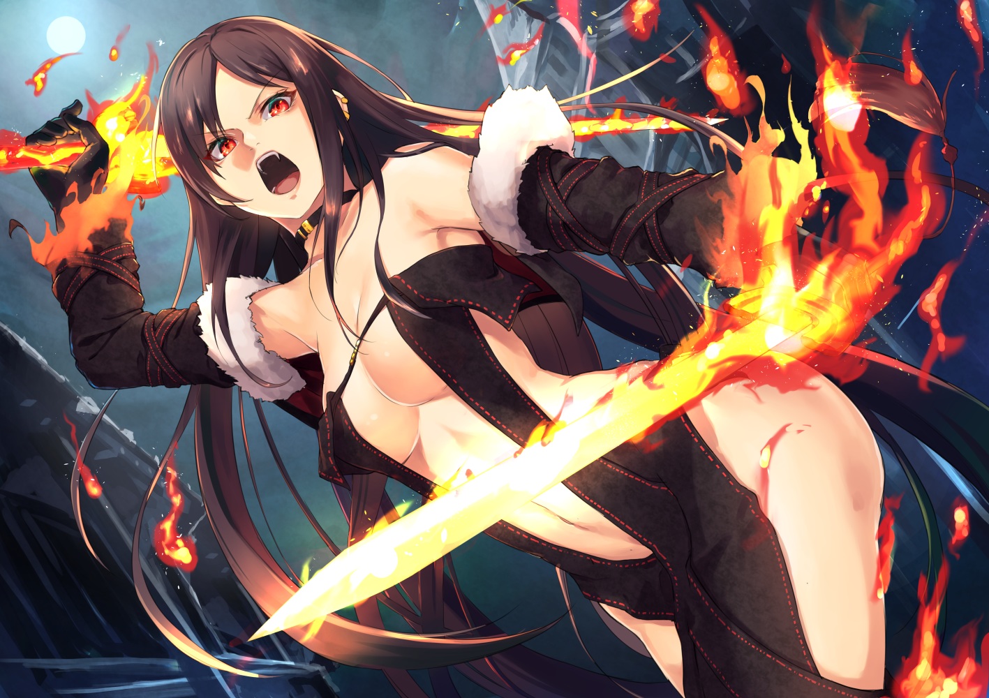 breasts, brown_hair, choker, consort_yu_(fate), dress, fate/grand_order, fate_(series), fire
