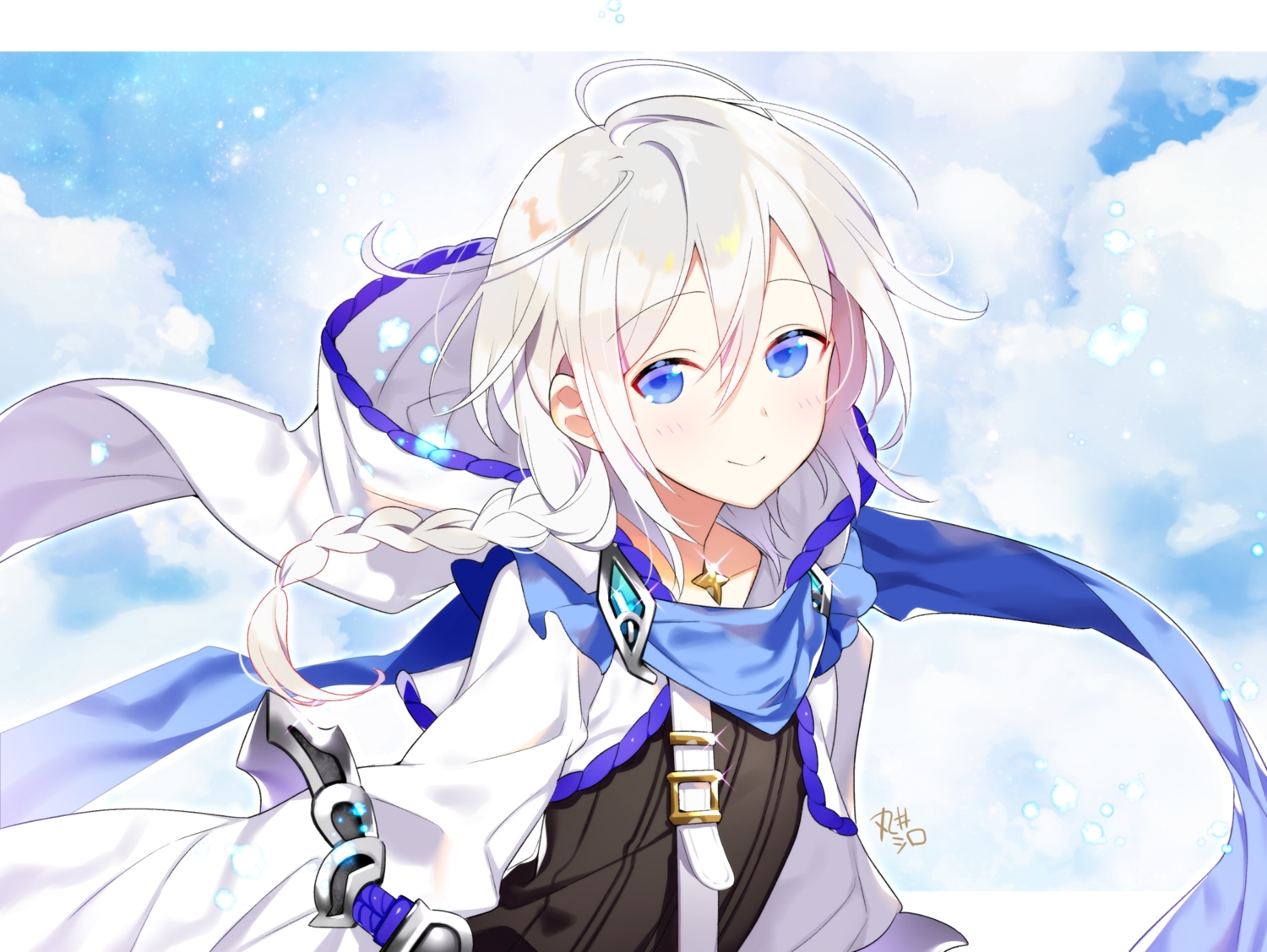 akemaru, all_male, blue_eyes, braids, clouds, granblue_fantasy, hood, long_hair, male, noa_(granblue_fantasy), otoko_no_ko, ponytail, scarf, signed, sky, white_hair