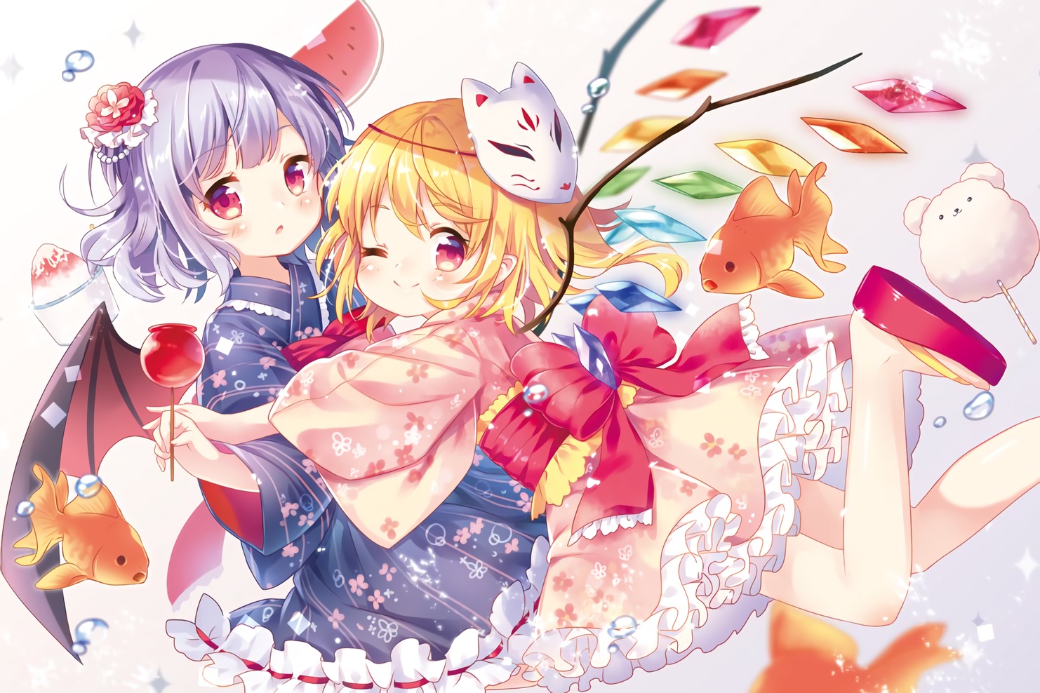 2girls, animal, apple, blonde_hair, blue_hair, bow, candy, fish, flandre_scarlet, food, fruit, japanese_clothes, loli, lolita_fashion, mask, mimi_(mimi_puru), pointed_ears, red_eyes, remilia_scarlet, short_hair, touhou, vampire, waifu2x, watermelon, wings, wink, yukata