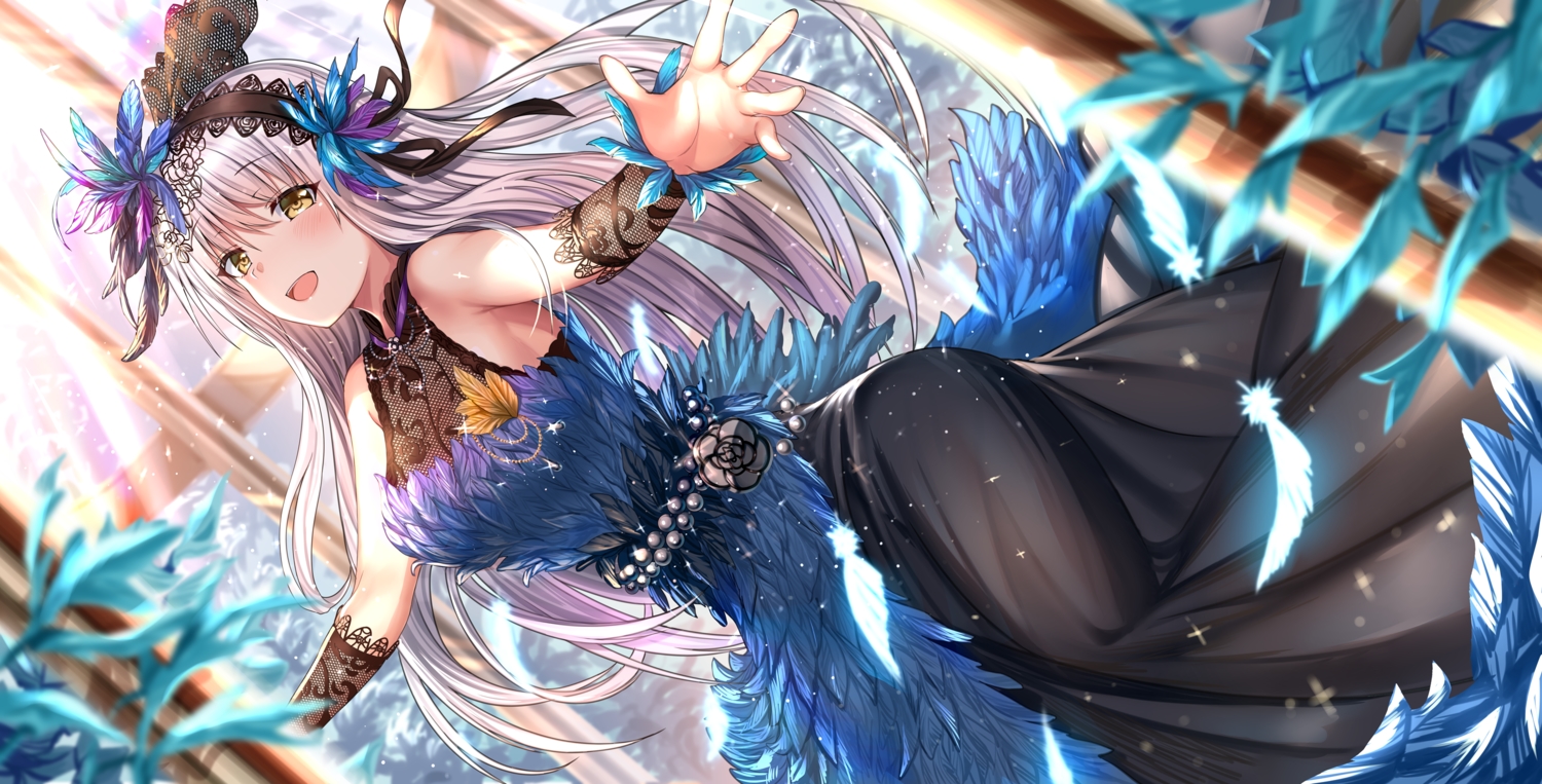 aldehyde, bang_dream!, blush, dress, feathers, gray_hair, headband, long_hair