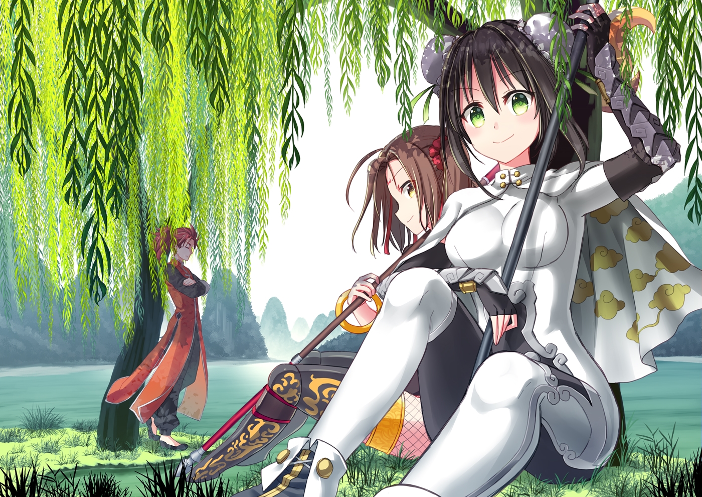 black_hair, bodysuit, breasts, brown_hair, cape, coconat_summer, fate/grand_order, fate_(series), grass, green, green_eyes, li_shuwen, male, nezha, ponytail, qin_liangyu, spear, thighhighs, tree, weapon, yellow_eyes