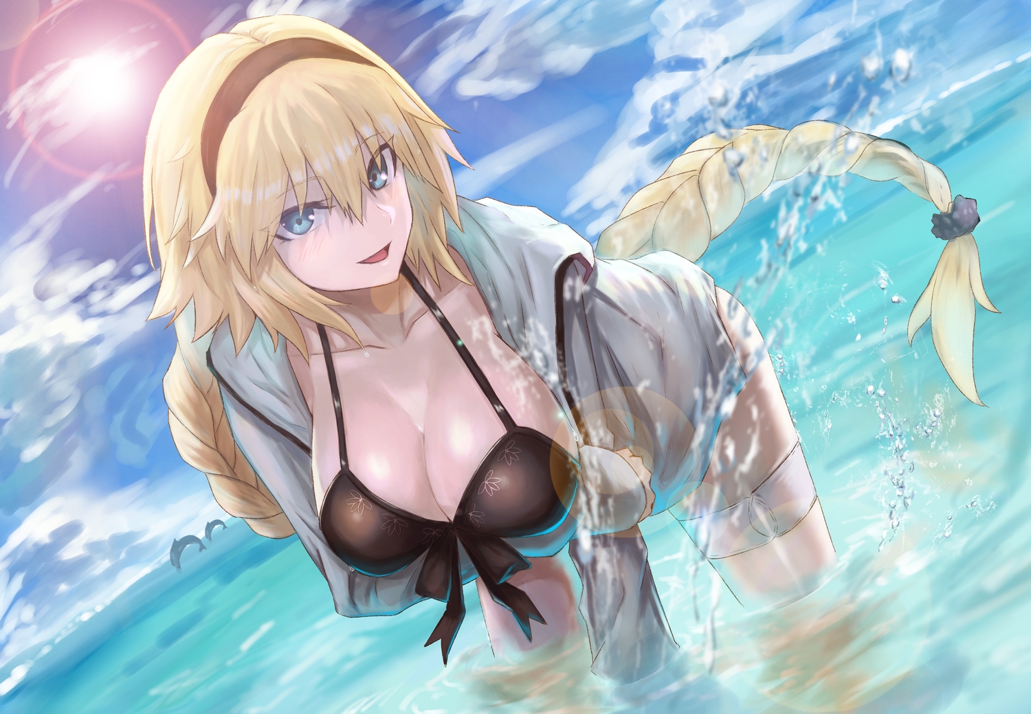 bikini, blonde_hair, blue_eyes, braids, breast_hold, breasts, cleavage, clouds, fate/grand_order, fate_(series), fifty1202, garter, headband, hood, jeanne_d'arc_(fate), long_hair, ponytail, sky, swimsuit, water