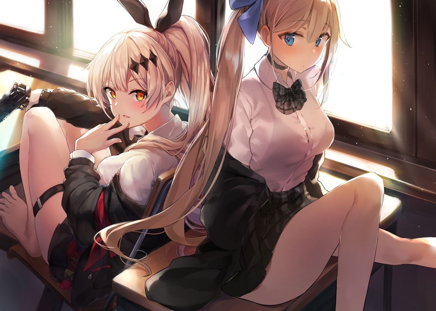 2girls, anthropomorphism, bada_(jksh5056), barefoot, blonde_hair, blue_eyes, blush, bow, fal_(girls_frontline), five_seven_(girls_frontline), girls_frontline, gun, orange_eyes, ponytail, school_uniform, skirt, weapon