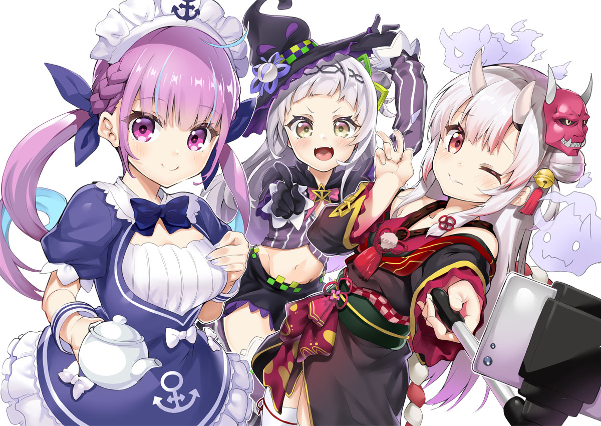 bell, blush, bow, braids, brown_eyes, camera, demon, dress