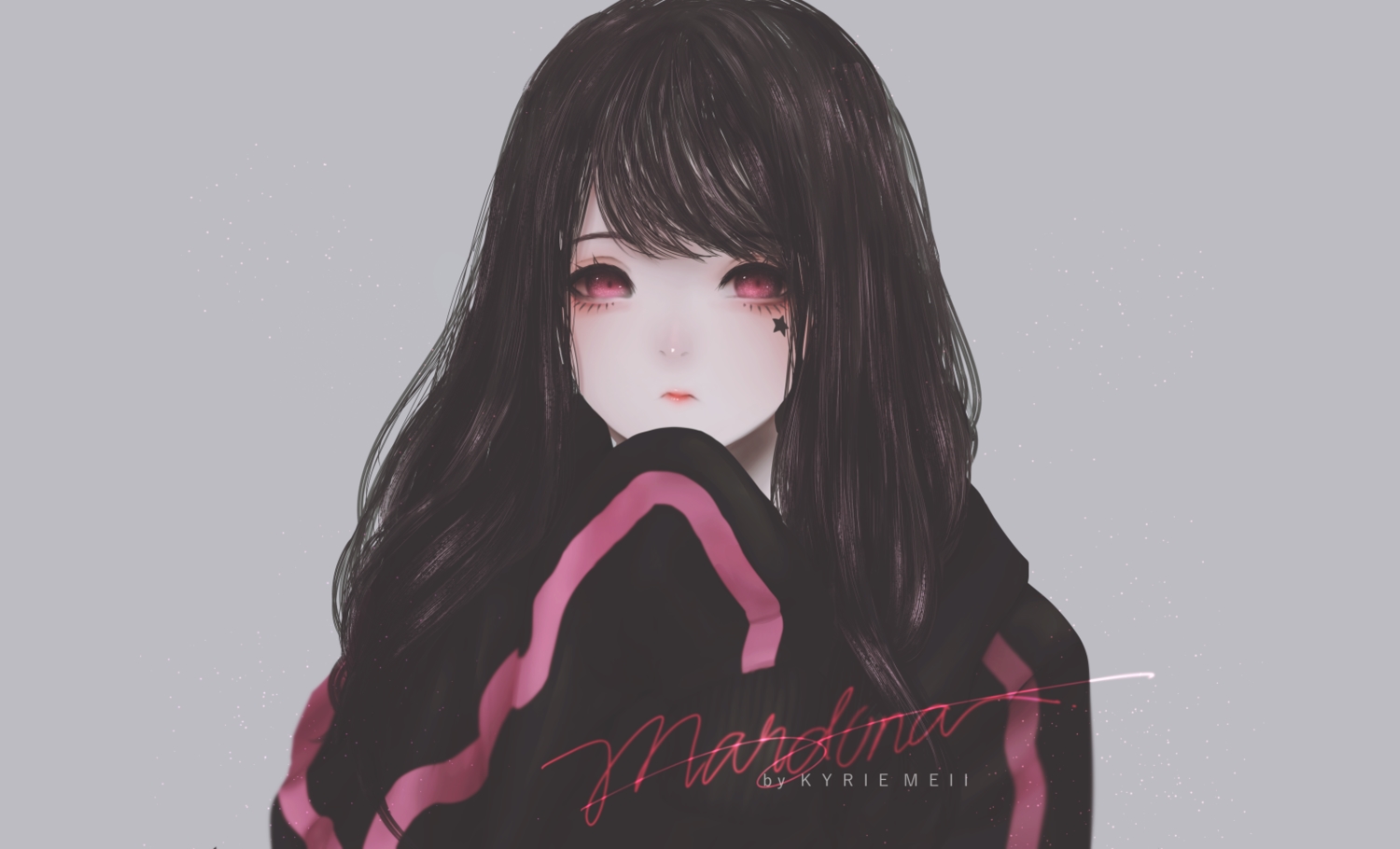 aliasing, black_hair, gray, kyrie_meii, long_hair, original, pink_eyes, tattoo, watermark