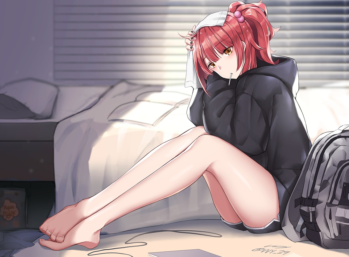 anthropomorphism, barefoot, bed, brown_eyes, girls_frontline, mp7_(girls_frontline), ponytail, red_hair, short_hair, shorts, signed, vvy