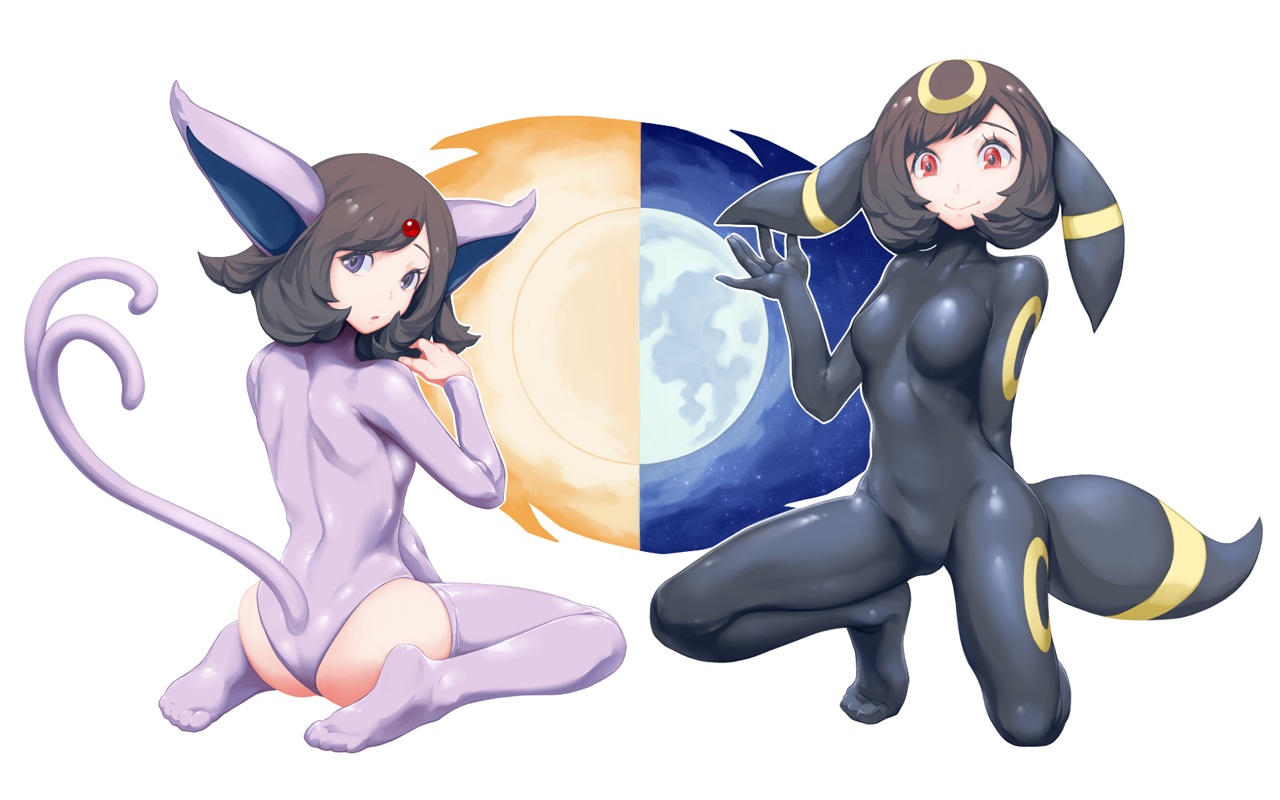 animal_ears, ass, black_hair, bodysuit, cosplay, emukee, leotard, mizuki_(pokemon), moon, pokemon, purple_eyes, red_eyes, short_hair, skintight, tail, thighhighs, white