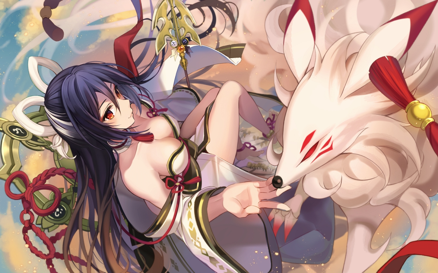 animal, ara_haan, barefoot, black_hair, breasts, cleavage, clouds, elsword