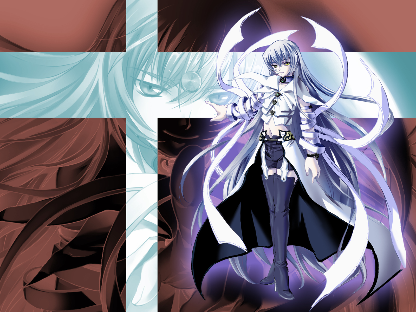 answer_dead, boots, gray_hair, long_hair, white_king, yellow_eyes, zoom_layer