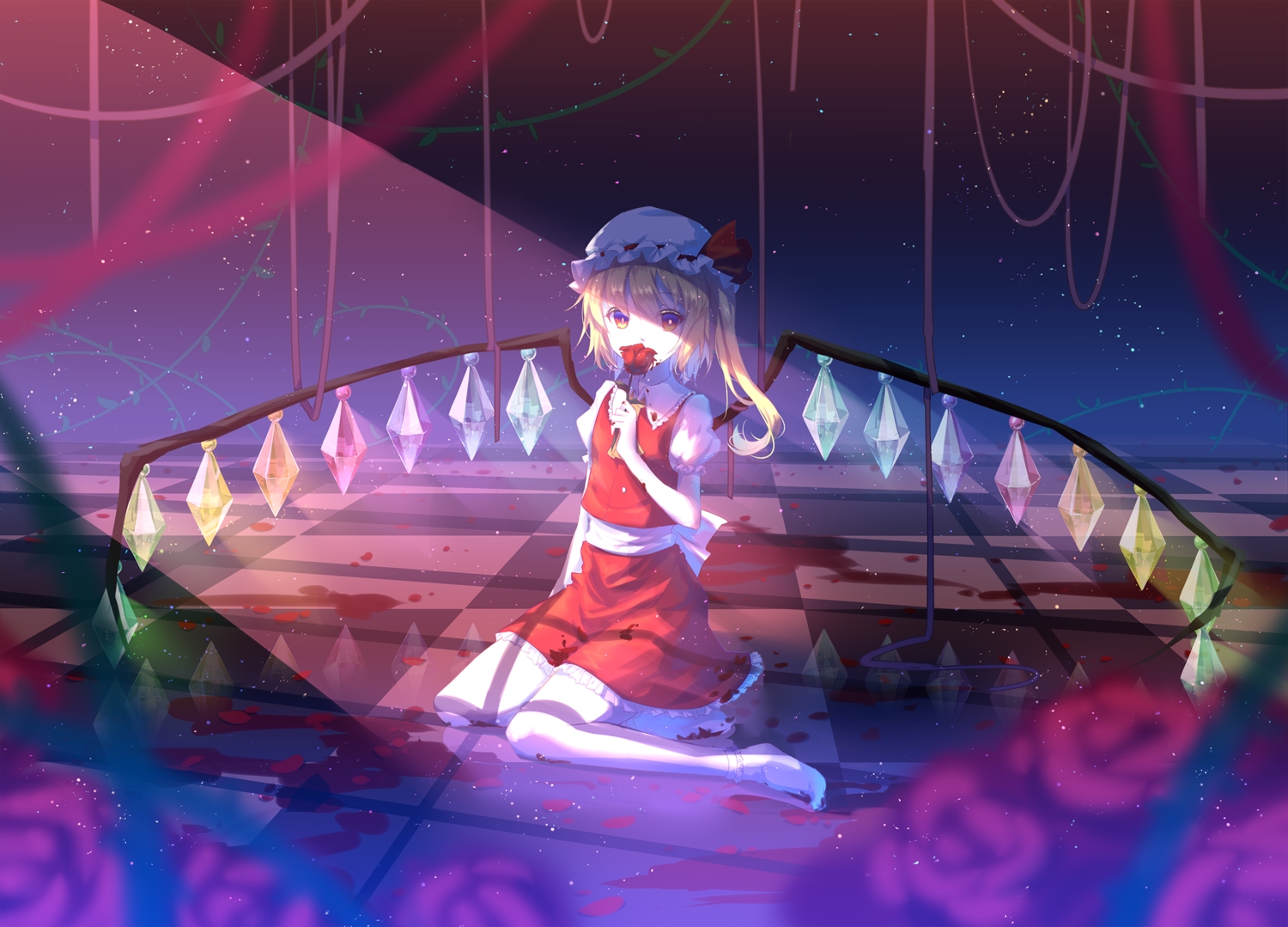 blonde_hair, blood, flandre_scarlet, flowers, katee, red_eyes, rose, short_hair, sky, socks, stars, touhou, vampire, wings