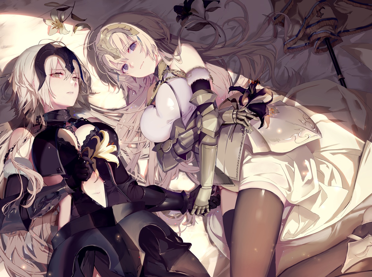 armor, bed, blonde_hair, blue_eyes, breasts, chain, cleavage, dress, elbow_gloves, fate/grand_order, fate_(series), flowers, gloves, gray_hair, headdress, jeanne_d'arc_alter, jeanne_d'arc_(fate), long_hair, thighhighs, yellow_eyes, yukisame