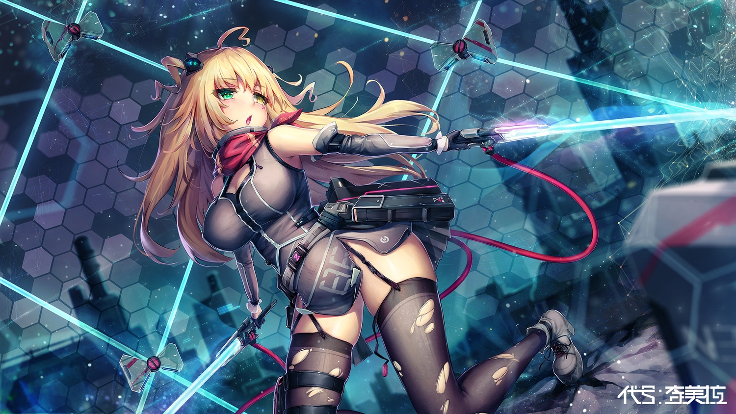 bicolored_eyes, blonde_hair, boots, breasts, cleavage, dk_senie, dress, elbow_gloves