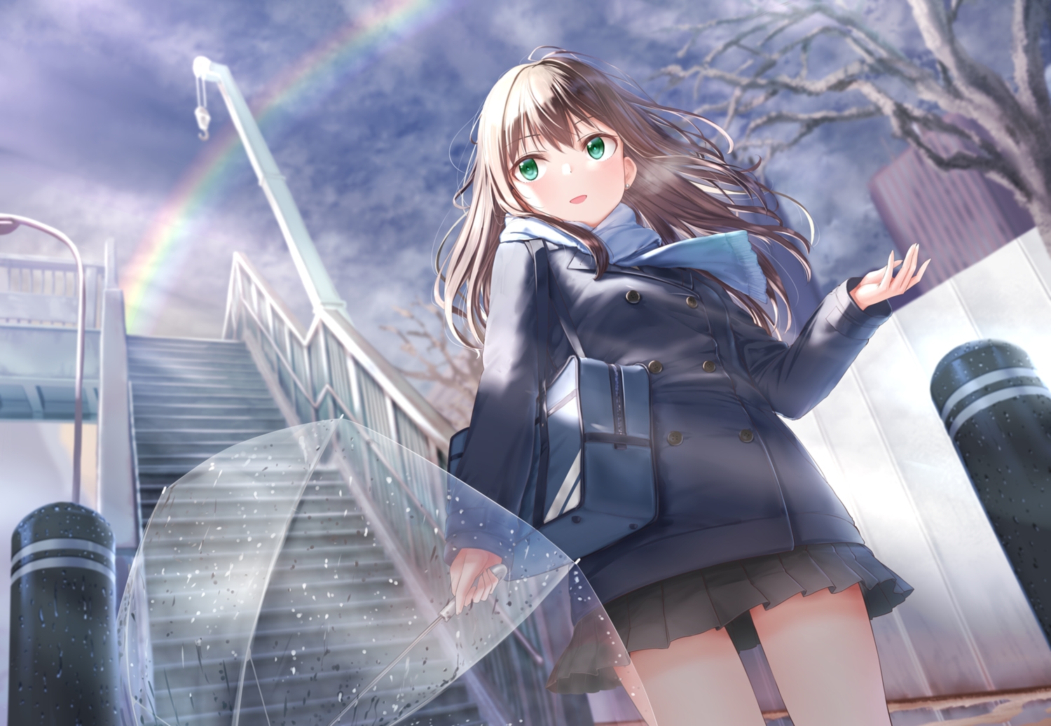 blush, brown_hair, clouds, green_eyes, idolmaster, idolmaster_cinderella_girls, kachayori, long_hair