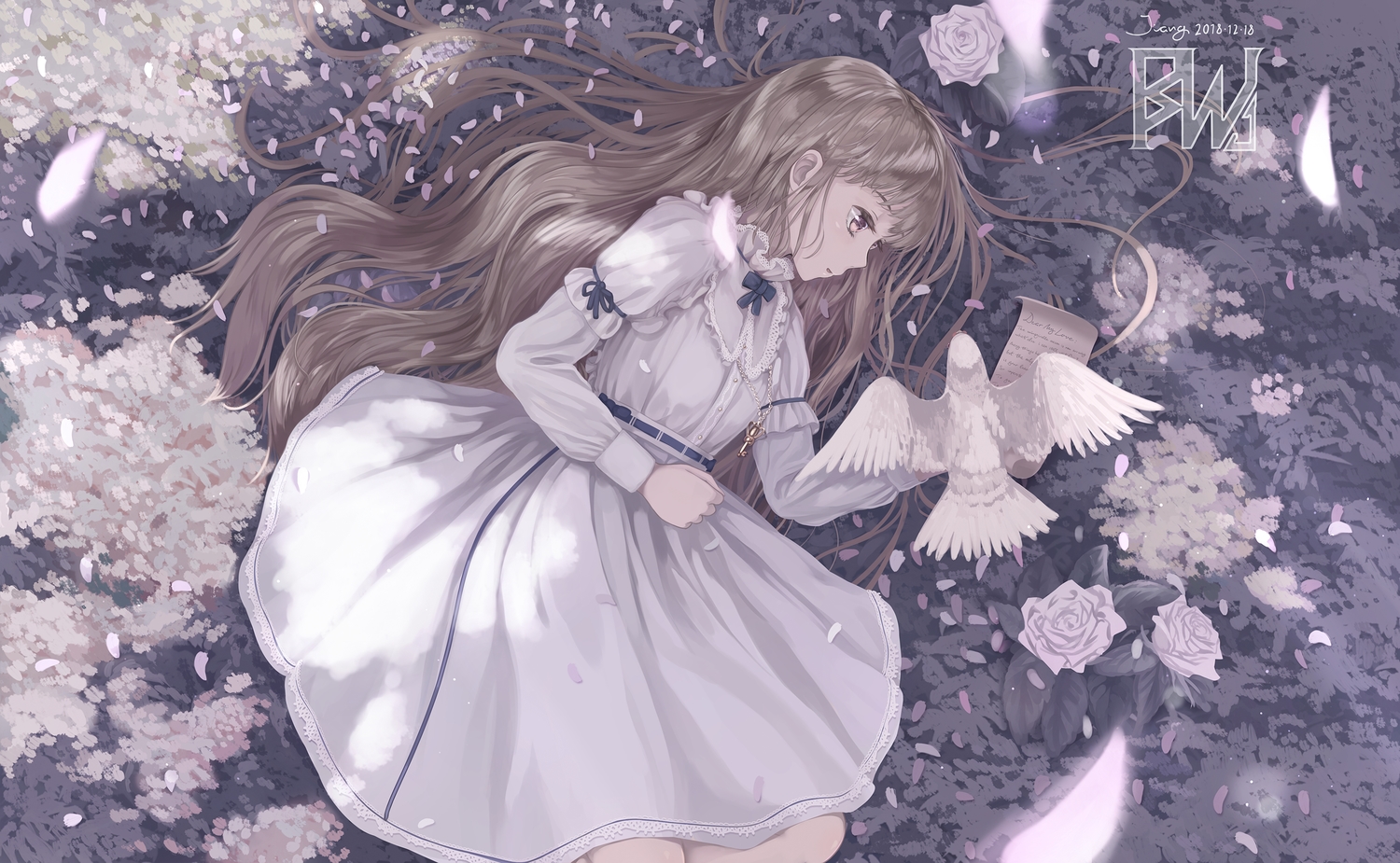 animal, bird, brown_eyes, brown_hair, cherry_blossoms, dress, flowers, jcj0125