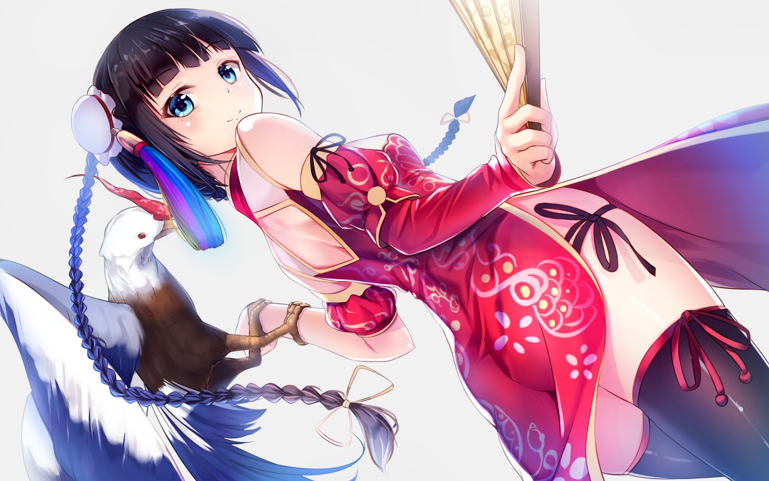 animal, aqua_eyes, ass, bird, black_hair, braids, chinese_clothes, chinese_dress, dress, fan, long_hair, original, thighhighs, yan_(nicknikg)