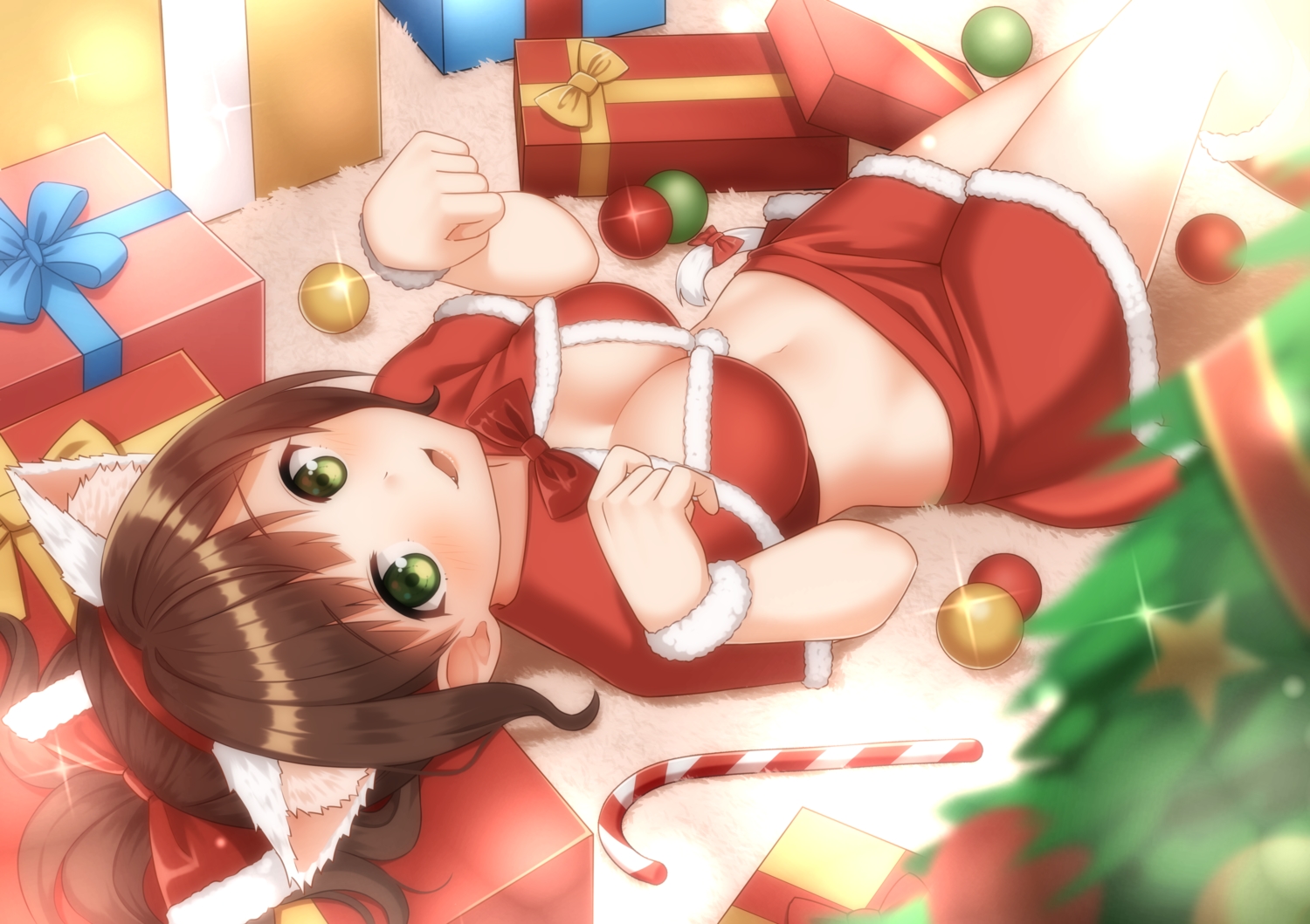 animal_ears, brown_hair, catgirl, cat_smile, christmas, fang, green_eyes, idolmaster